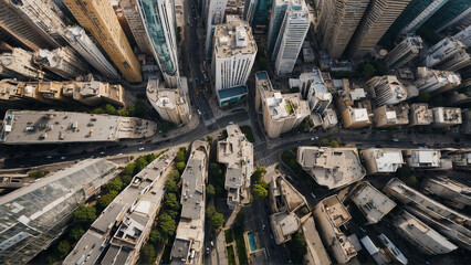 Urban buildings are seen from a drone's perspective at a straight angle from top to bottom
