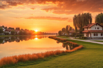 Residential lakeside countryside at sunset