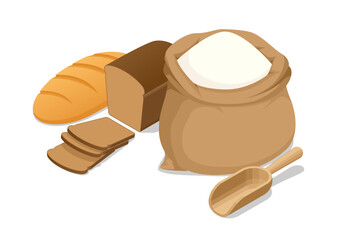 Isometric fresh crispy wheat bread and rye flour bread cut into pieces, an open bag of flour. Organic flour. Healthy eating and dieting food. Flour contains gluten