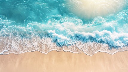 Abstract sand beach from above with light blue transparent water wave and sun lights, summer vacation background concept banner with copy space, natural beauty spa outdoors