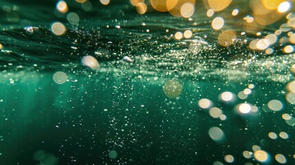 Bubbles and bokeh underwater in clear green ocean of California
