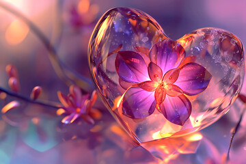 Luminous Floral Heart Glass Sculpture. A radiant glass heart sculpture encapsulating a vibrant purple flower, accented by a dynamic interplay of light and reflective shimmering particles. Horizontal i