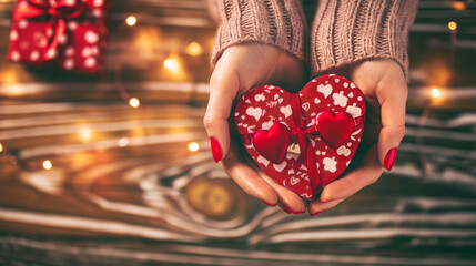 Hands cradling a heart shaped Valentine gift box - obrazy, fototapety, plakaty