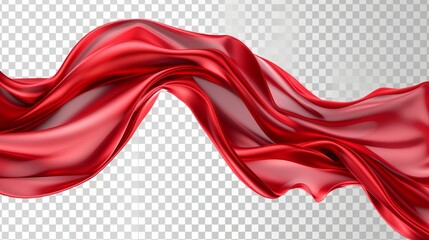 Flying red silk fabric. Waving satin cloth isolated on transparent PNG background