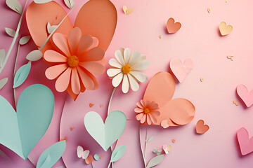 Valentine's Day Paper Art Flowers Hearts. Paper cut out flowers and hearts in soft pastel colors on a pink background. Horizontal illustration - obrazy, fototapety, plakaty