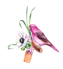 Watercolor Valentines day bouquet with bouquets of flowers, birds and flowers isolated on white