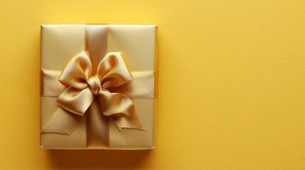Gift box with golden satin ribbon and bow on yellow background. Holiday gift with Birthday present, flat lay, top view, happy mother day copy space