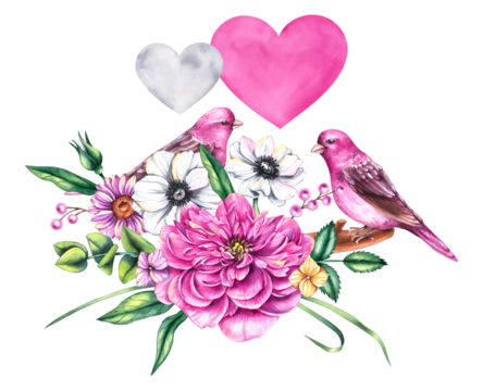 Watercolor Valentines day bouquet with bouquets of flowers, birds and flowers isolated on white