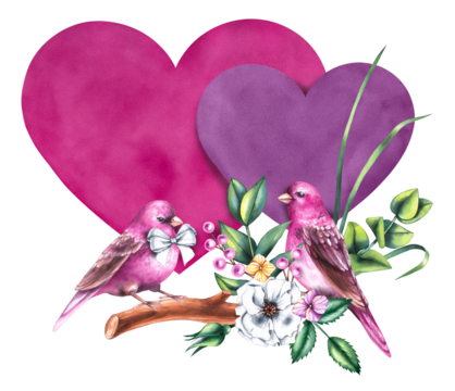 Watercolor Valentines day bouquet with bouquets of flowers, birds and flowers isolated on white
