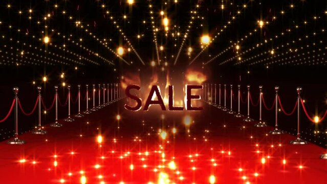 Animation of sale text over glowing lights and red carpet
