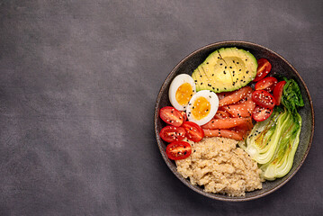 Blank food photography of healthy breakfast; brunch; buddha bowl; egg; salmon; bok choy; tomato; quinoa; avocado; sesame seeds; protein; carbohydrate; dieting - obrazy, fototapety, plakaty