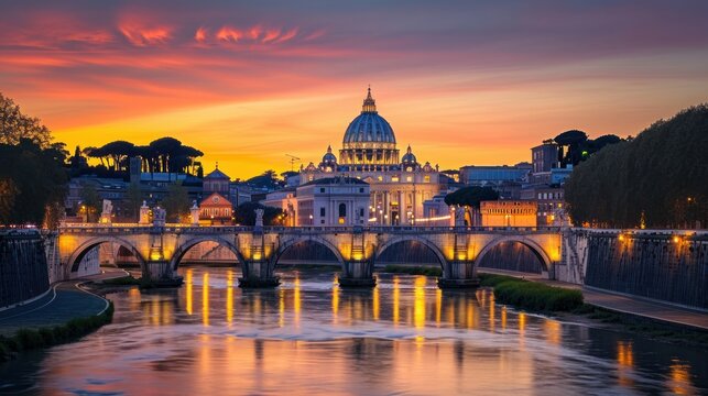 Fototapeta St Peter's Cathedral behind the Aelian Bridge, Rome, Italy