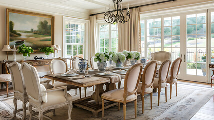 Um elegante salão de jantar com um estilo clássico de país francês, mostrando móveis ornamentados, paletas de cores suaves e padrões florais sutis para uma atmosfera atemporal e acolhedora. - obrazy, fototapety, plakaty