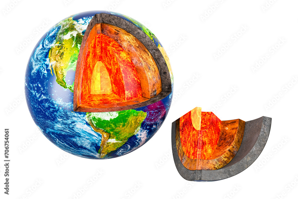 Poster cross sectional earth model. detailed structure of earth globe, 3d rendering isolated on transparent