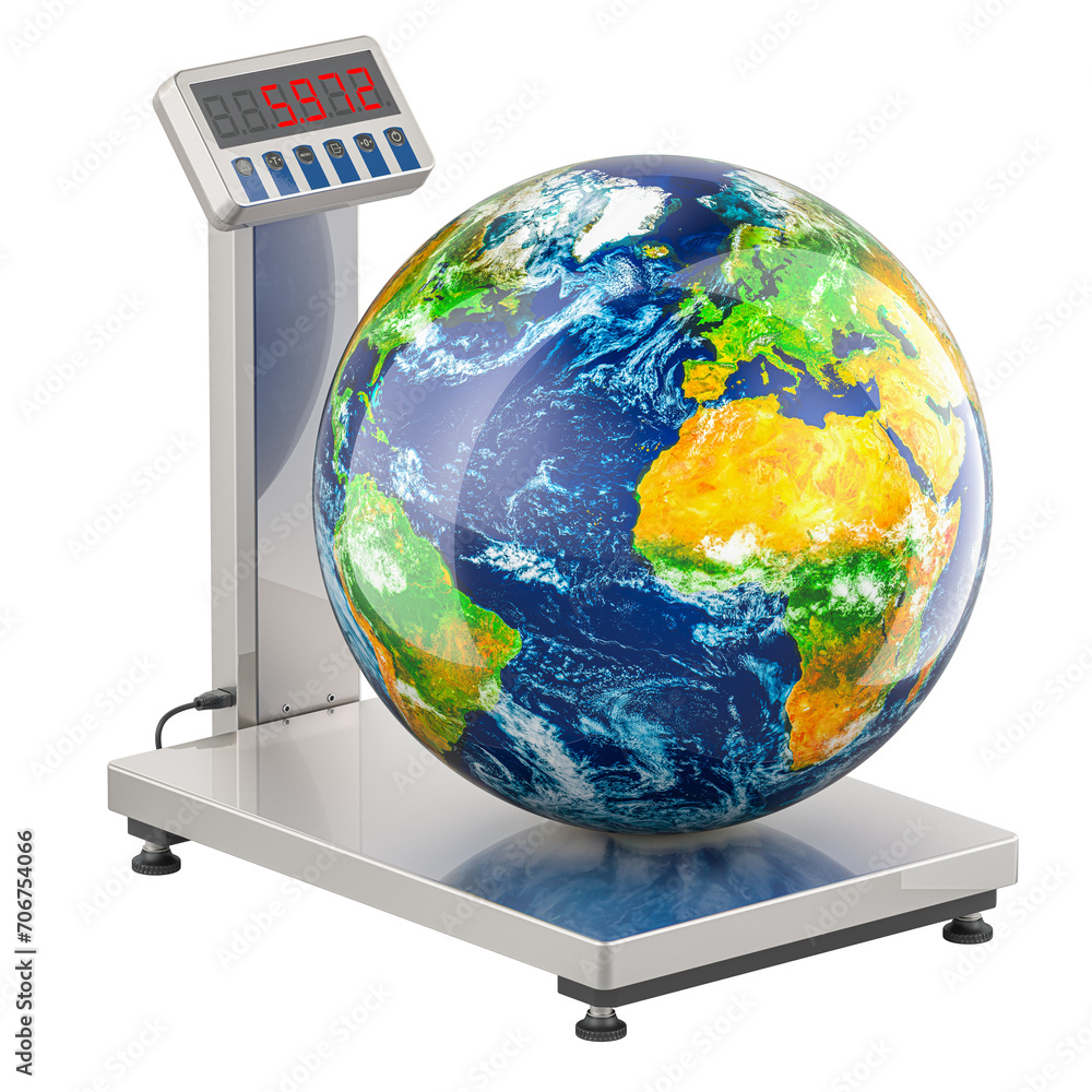 Poster earth mass, concept. warehouse scale with earth globe, 3d rendering isolated on transparent backgrou