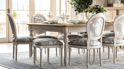 Fototapeta na wymiar Um elegante salão de jantar com um estilo clássico de país francês, mostrando móveis ornamentados, paletas de cores suaves e padrões florais sutis para uma atmosfera atemporal e acolhedora.