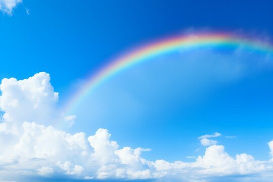 Experience the awe-inspiring beauty of a vibrant rainbow stretching across the vivid blue sky
