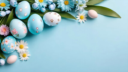 Pastel colored easter eggs and spring flowers on blue background.Top view, flat lay.Easter banner for design with copy space.Generative AI