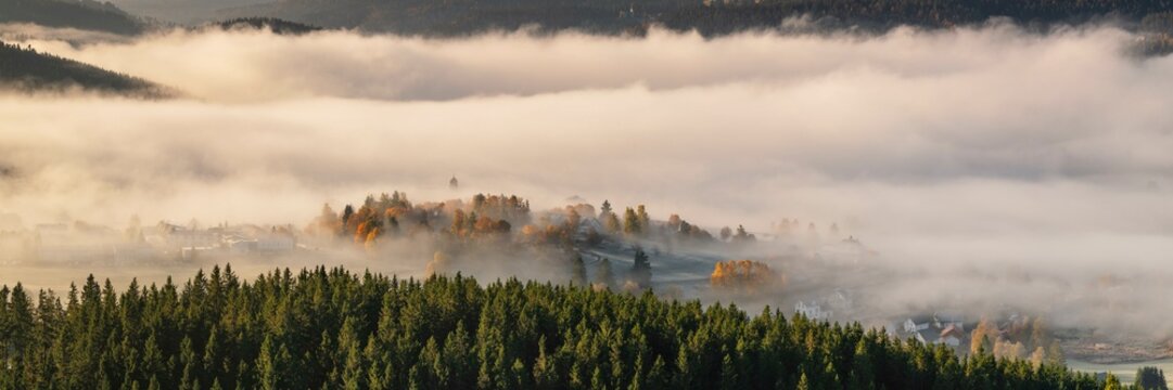 Early morning fog over Schluchsee, Black Forest, Baden- Wuerttemberg, Germany, Schluchsee, Black Forest, Baden-Wuerttemberg, Germany, Europe