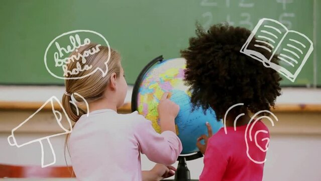 Animation of hello text and school icons over diverse schoolchildren with globe