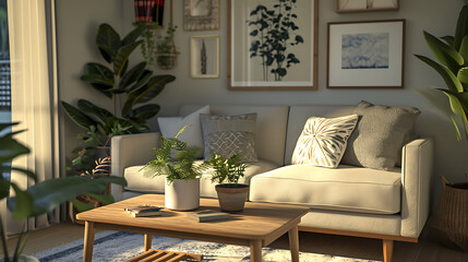 Uma cena acolhedora de sala de estar com uma estética de design escandinavo, com linhas limpas, tons neutros e materiais naturais, criando uma sensação de simplicidade e calor.