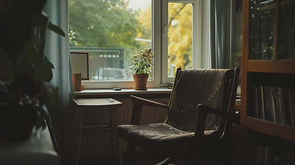 Uma cena acolhedora de sala de estar com uma estética de design escandinavo, com linhas limpas, tons neutros e materiais naturais, criando uma sensação de simplicidade e calor.