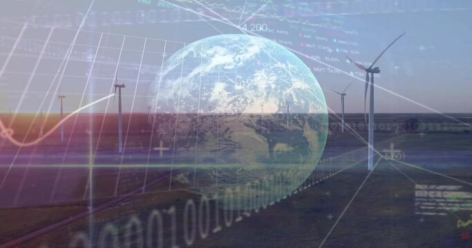 Animation of financial data processing over globe and wind turbines