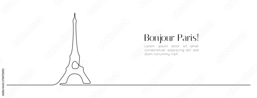 Poster continuous one line drawing of paris eiffel tower. french landmarks and city architecture in simple 
