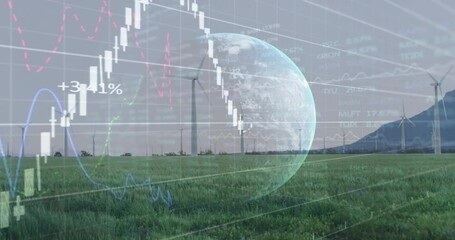 Animation of financial data processing over globe and wind turbines - Powered by Adobe