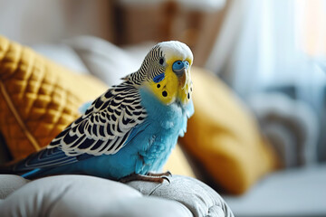 Adorable blue budgie sitting on the sofa in the living room on a sofa with yellow pillows - obrazy, fototapety, plakaty