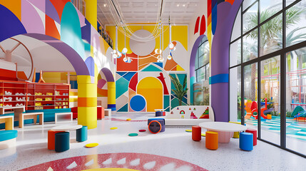 Um quarto de brincar para crianças projetado em um estilo divertido e lúdico, apresentando cores vibrantes, móveis interativos e soluções criativas de armazenamento para inspirar a imaginação. - obrazy, fototapety, plakaty