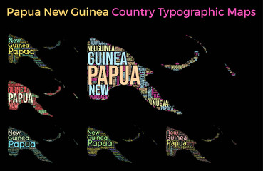 Papua New Guinea. Set of typography style country illustrations. Papua New Guinea map shape build of horizontal and vertical country names. Vector illustration.
