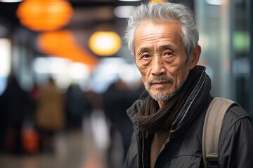 Portrait of a serious elderly Asian grey haired man in a jacket and scarf on a blurred background