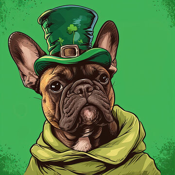 French Bulldog dressed as a leprechaun celebrating St. Patrick's Day in green bow tie and top hat