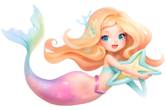 Mermaid With Blonde Hair And a Beautiful Tail And Starfish