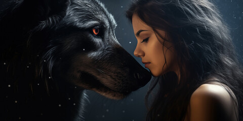 Woman and wolf. a Teen and Her Wolf Share an Unbreakable Bond, Embarking on a YA Fantasy Journey where Friendship Transcends the Shadows of a Medieval Fantasy World.