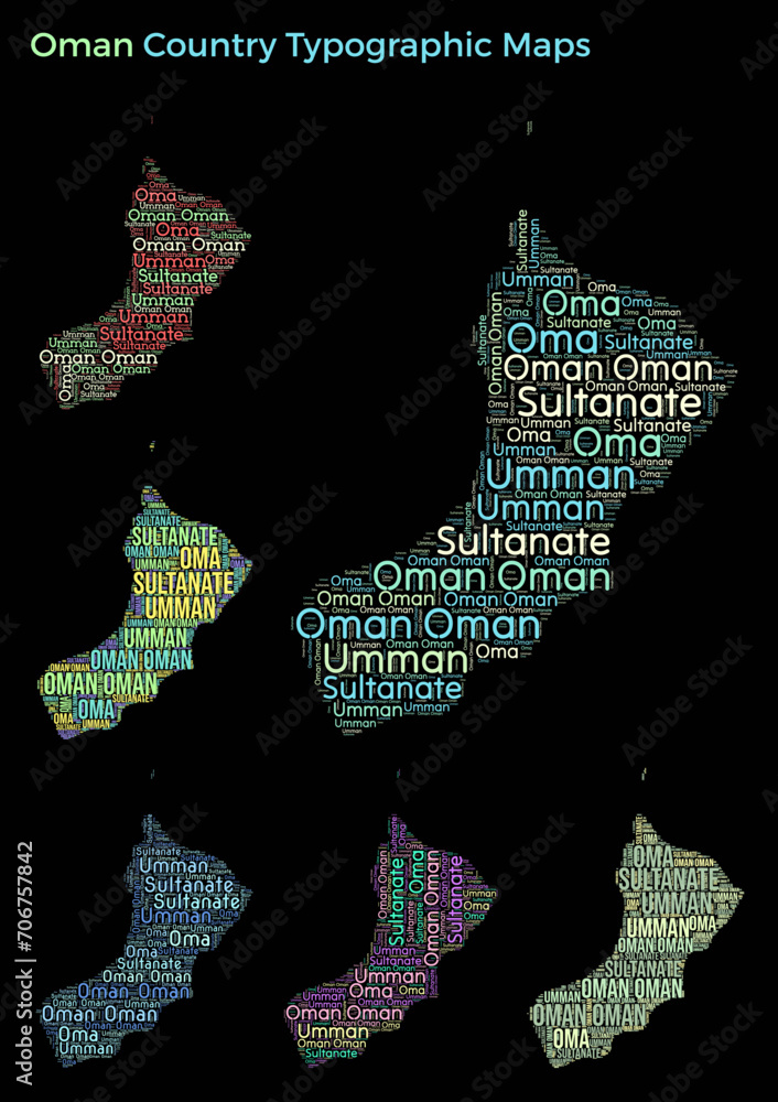Poster oman. set of typography style country illustrations. oman map shape built of horizontal and vertical