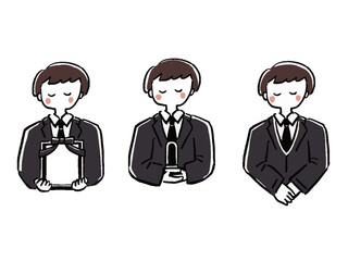 喪服の男性　上半身　手描き風イラストセット
