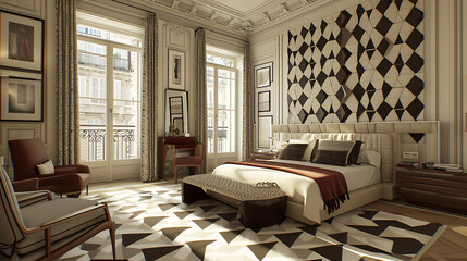 Um luxuoso quarto projetado no estilo Art Deco, com padrões geométricos ousados, tecidos suntuosos e acabamentos metálicos para um visual glamoroso e sofisticado.