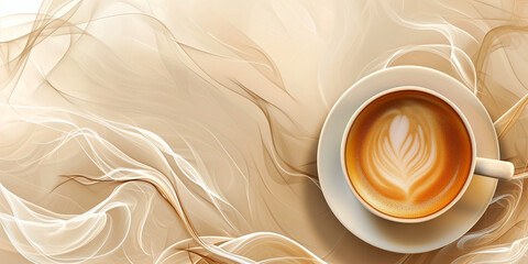 White cup of coffee with latte art on a light background, coffee background - obrazy, fototapety, plakaty
