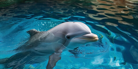 Obraz premium Beautiful dolphin peeking out of clear blue water, top view