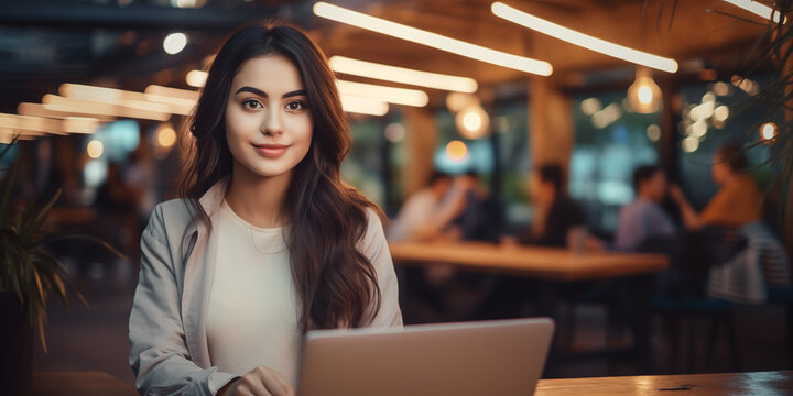 Beautiful young woman working on laptop at coffee shop