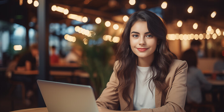 Beautiful young woman working on laptop at coffee shop
