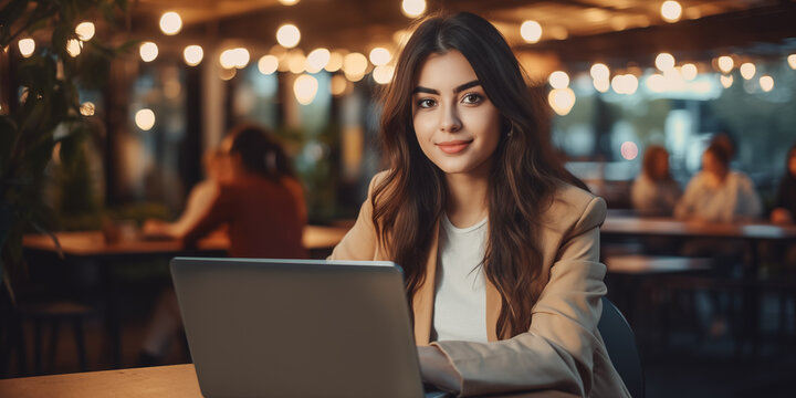 Beautiful young woman working on laptop at coffee shop