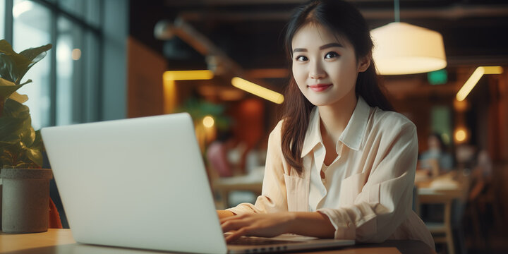 Beautiful young asian woman working on laptop