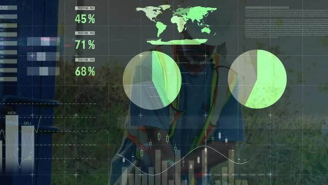 Animation of financial data processing over caucasian male worker and construction site