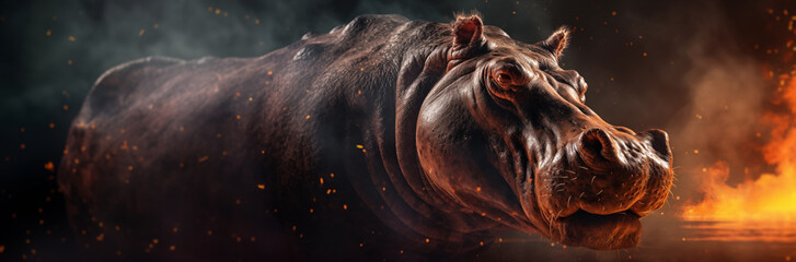 Flaming hippopotamus fantasy horizontal poster. Ashes, embers and flames. Black background. Fiery fantasy wild animal collection. Climate change and global warming concept. Extinction concept. - obrazy, fototapety, plakaty
