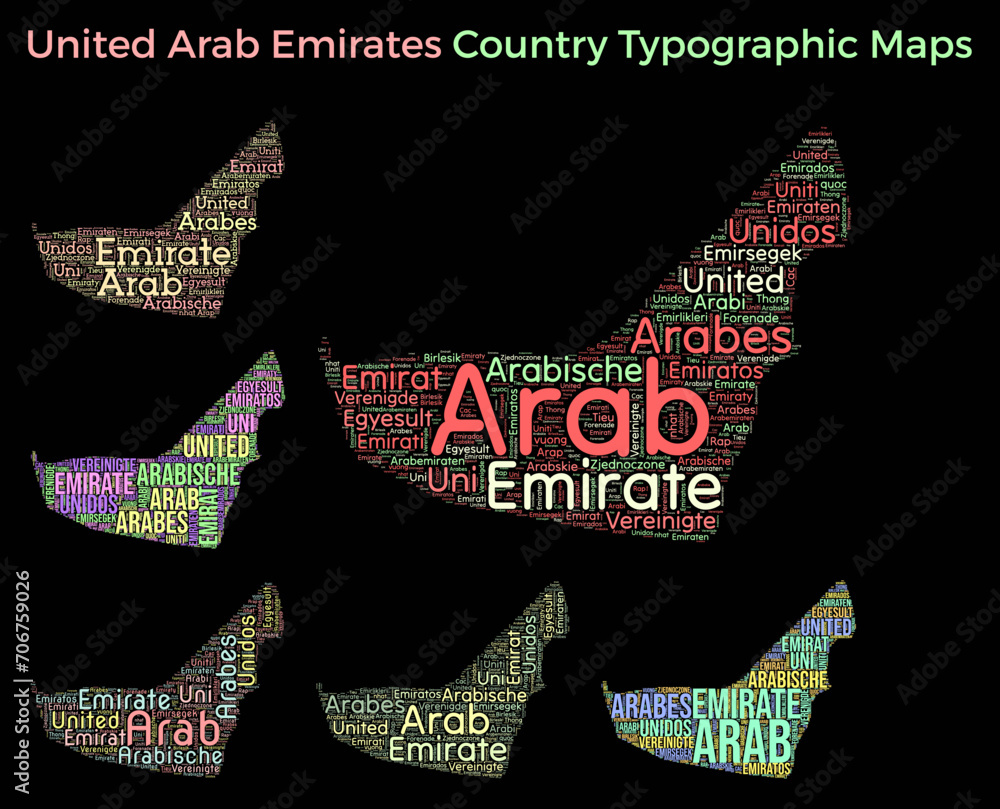 Poster uae. set of typography style country illustrations. uae map shape built of horizontal and vertical c
