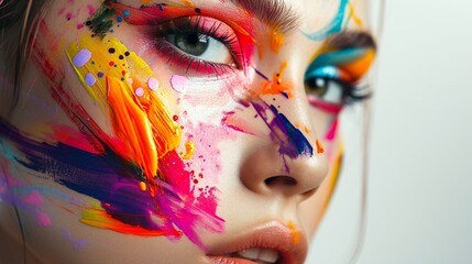 Artistic makeup strokes creating an abstract and colorful masterpiece on a model's face against a neutral white background 