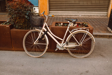 Fototapeta na wymiar Old bicycle parked on a street in Valencia, Spain. An white bicycle near a flower bed in the center of a strictly urban area 